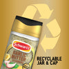 An infographic highlighting the recyclable jar and cap of Schwartz Jr Garlic Butter Seas X6 against a gold background with a large recycling symbol.