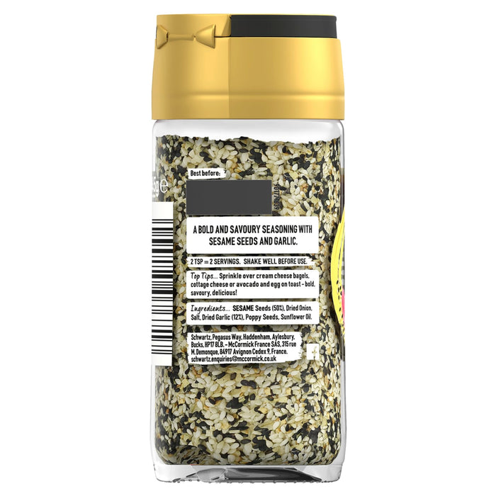A back-of-jar view of the Schwartz Jr Every Bagel Seas X6, a bold and savoury seasoning with sesame seeds and garlic, displays the ingredients and serving suggestions on the label.