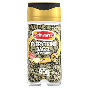 A clear Schwartz jar filled with Everything Bagel Seasoning, belonging to the Jr Every Bagel Seas X6 product offering, is displayed against a white background.