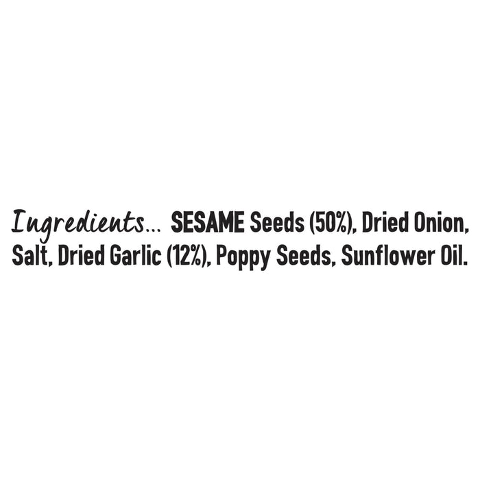 The ingredients list for Jr Every Bagel Seas X6 is displayed, showing SESAME Seeds (50%), Dried Onion, Salt, Dried Garlic (12%), Poppy Seeds, and Sunflower Oil.