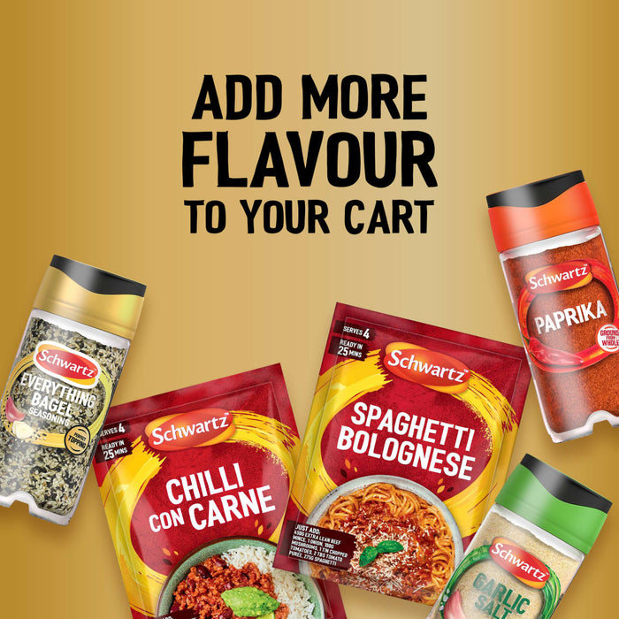 A promotional graphic featuring various Schwartz products including Jr Every Bagel Seas X6 alongside Chilli Con Carne and Spaghetti Bolognese recipe mixes and jars of Paprika and Garlic Salt to add more flavour to your cart.