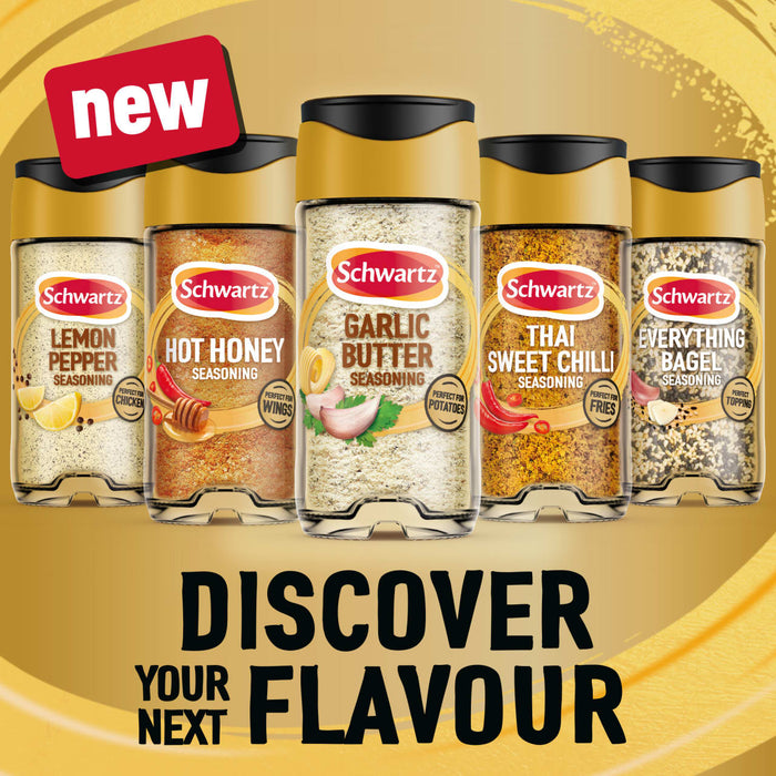 A promotional graphic for new Schwartz seasonings including Lemon Pepper, Hot Honey, Garlic Butter, Thai Sweet Chilli, and the Jr Every Bagel Seas X6 with the text Discover Your Next Flavour.