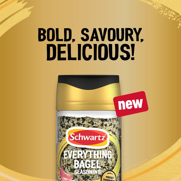 A promotional graphic for the new Schwartz Jr Every Bagel Seas X6 featuring a bold and savory blend of seeds and spices against a golden background.