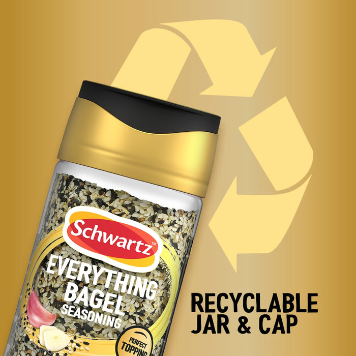 A graphic highlighting that the Jr Every Bagel Seas X6 by Schwartz comes in a recyclable jar and cap as indicated by the large recycling symbol in the background.
