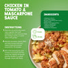 An infographic for Chicken in Tomato and Mascarpone Sauce featuring Schwartz Basil 10G as a key ingredient alongside a step by step recipe and a plated serving of the dish over penne pasta.