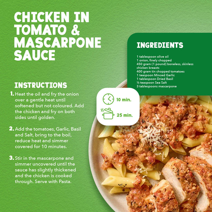 An infographic for Chicken in Tomato and Mascarpone Sauce featuring Schwartz Basil 10G as a key ingredient alongside a step by step recipe and a plated serving of the dish over penne pasta.