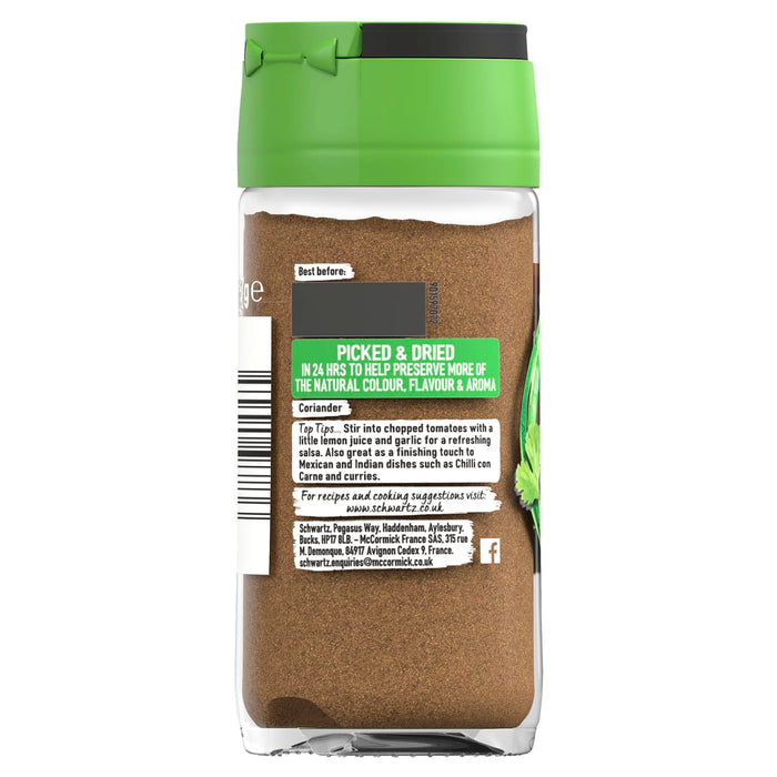 The back label of a Schwartz Coriander Leaf 7G Jar provides cooking tips and brand information for the ground spice inside the clear container.