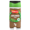 A clear glass Schwartz Coriander Leaf 7G Jar with a green and black lid containing finely ground dried herbs.