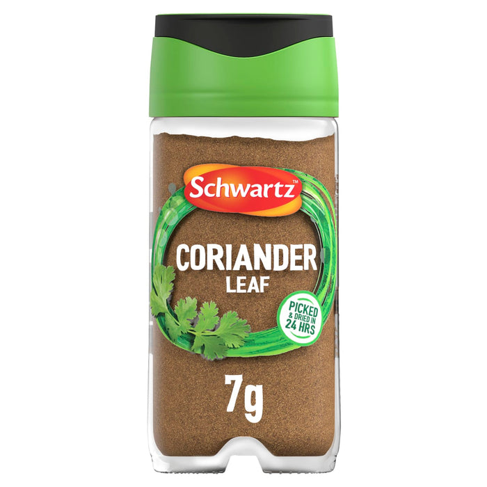 A clear glass Schwartz Coriander Leaf 7G Jar with a green and black lid containing finely ground dried herbs.