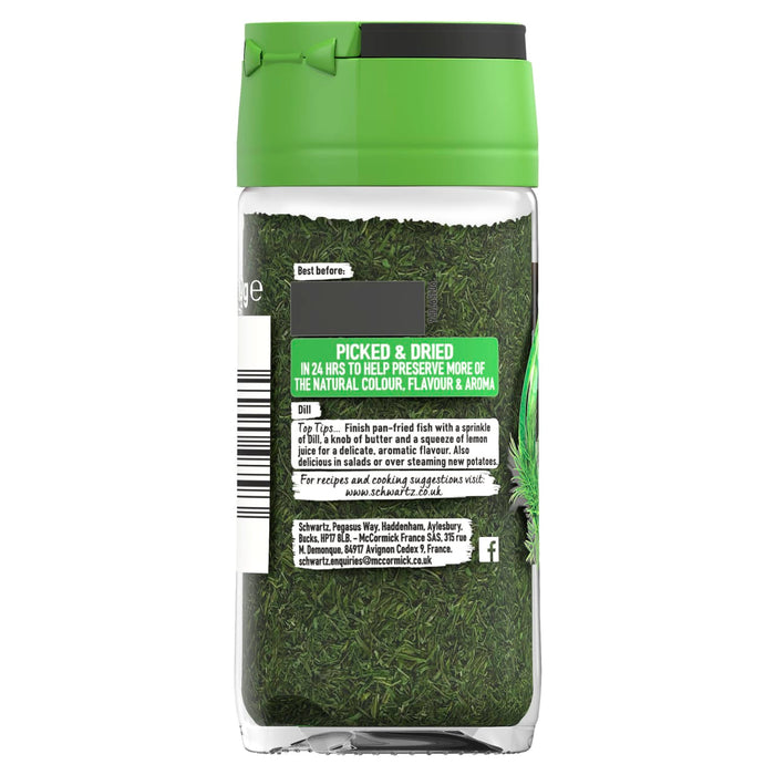 The back label of a Schwartz Dill Weed 10G Jar provides cooking tips for fish and potatoes along with brand contact information for Schwartz.