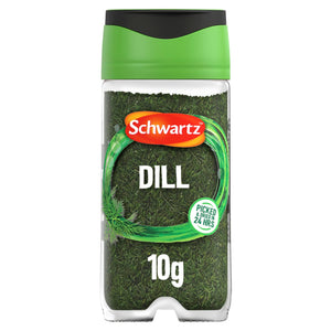 A clear glass Schwartz Dill Weed 10G Jar filled with dried green herbs and featuring a green lid and label indicating the contents were picked and dried in 24 hours.