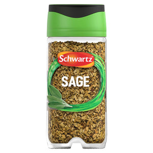 A clear glass Schwartz Rubbed Sage 10G Jar with a green and black lid showing the dried herb inside.