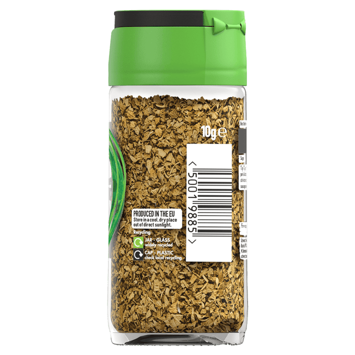 A clear glass Schwartz Rubbed Sage 10G Jar with a green cap showing the dried herbs and product information including a barcode and recycling symbols.