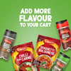 An advertisement for Schwartz products, including Schwartz Black Pepper, Chilli Crushed, a jar of Schwartz Thyme 11 G, and recipe mixes for Chilli Con Carne and Spaghetti Bolognese, all arranged on a green background with the text ADD MORE FLAVOUR TO YOUR CART.