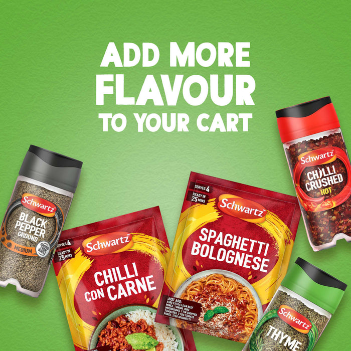 An advertisement for Schwartz products, including Schwartz Black Pepper, Chilli Crushed, a jar of Schwartz Thyme 11 G, and recipe mixes for Chilli Con Carne and Spaghetti Bolognese, all arranged on a green background with the text ADD MORE FLAVOUR TO YOUR CART.