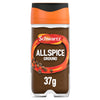 A clear glass Schwartz Ground Allspice 37G Jar filled with fine brown spice powder featuring an orange and black lid.