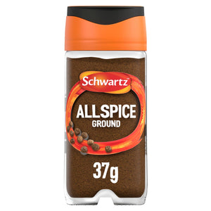 A clear glass Schwartz Ground Allspice 37G Jar filled with fine brown spice powder featuring an orange and black lid.