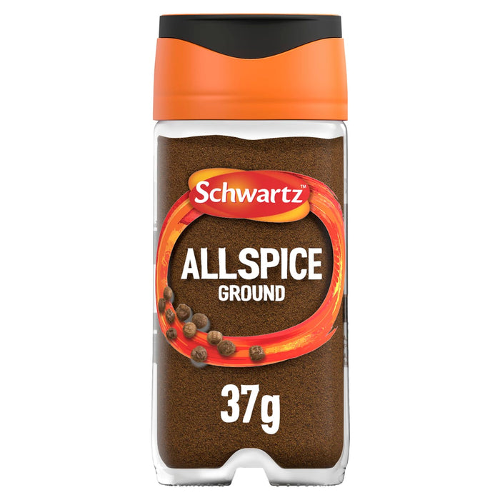 A clear glass Schwartz Ground Allspice 37G Jar filled with fine brown spice powder featuring an orange and black lid.