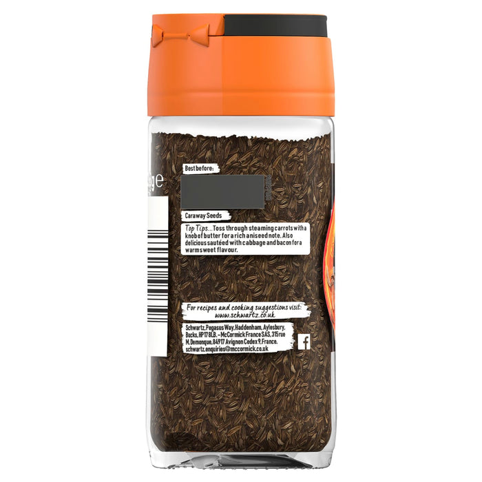 A clear glass jar of Schwartz Caraway Seeds 38G shows the back label with cooking tips and contact information for McCormick France.
