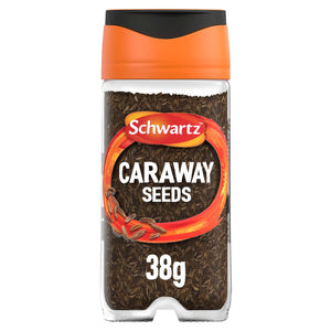 A clear glass jar of Schwartz Caraway Seeds 38G featuring a vibrant orange lid and a label showing the dark brown seeds inside.