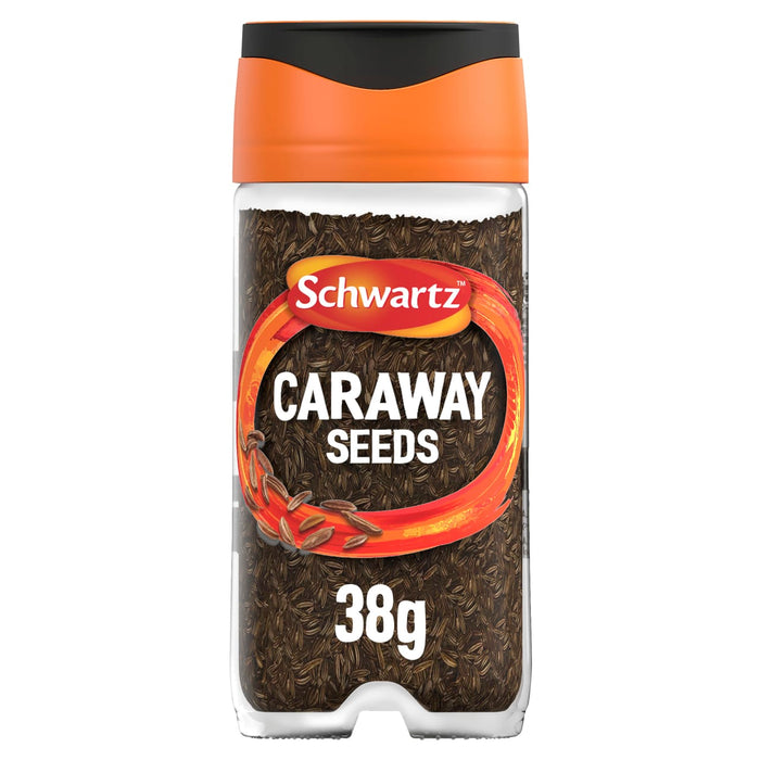A clear glass jar of Schwartz Caraway Seeds 38G featuring a vibrant orange lid and a label showing the dark brown seeds inside.