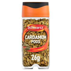 A clear glass jar of Schwartz Whole Cardamon 26G filled with whole green cardamom pods and featuring a signature orange and black flip-top lid.
