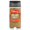 A clear glass jar of Schwartz Celery Salt 72G with a grey cap and a vibrant orange label featuring whole celery seeds and salt crystals.