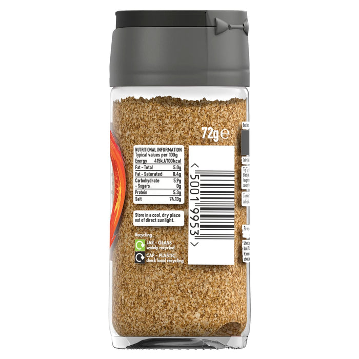 A clear glass jar of Schwartz Celery Salt 72G showing the nutritional information and recycling instructions on the back label.