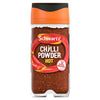 A clear glass jar filled with dark red spice featuring the label for Schwartz Chili Powder Hot, 38G with an orange and black cap.
