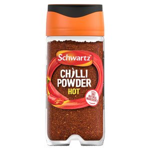 A clear glass jar filled with dark red spice featuring the label for Schwartz Chili Powder Hot, 38G with an orange and black cap.
