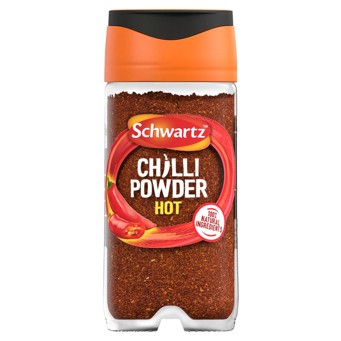 A clear glass jar filled with dark red spice featuring the label for Schwartz Chili Powder Hot, 38G with an orange and black cap.