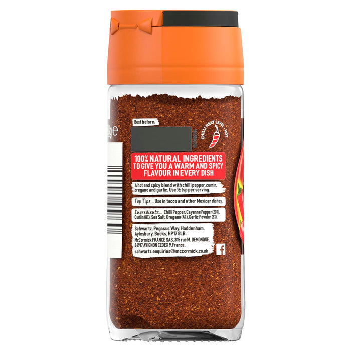 The back label of a jar of Schwartz Chili Powder Hot, 38G shows the ingredients list and a hot chili heat level indicator.