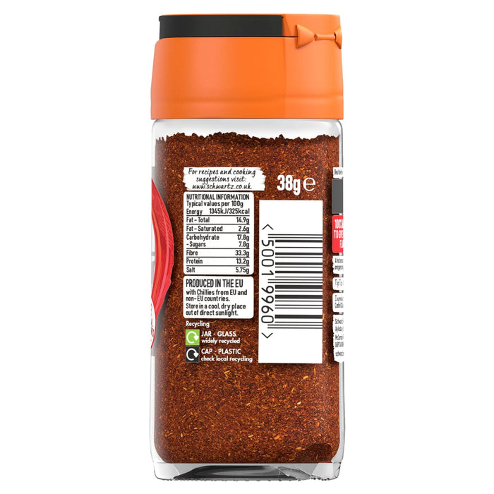 A back view of a glass jar of Schwartz Chili Powder Hot, 38G showing the nutritional information and recycling instructions on the label.