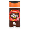 A clear glass jar of Schwartz Chilli Powder, 38G with an orange and black lid and a label featuring a red chili pepper and a 100 percent natural seal.