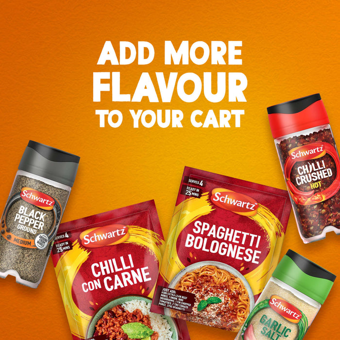 An advertisement encourages shoppers to add more flavor to their cart with a display of Schwartz products, including recipe mixes for Spaghetti Bolognese and Chilli Con Carne, and seasonings like the Schwartz Crushed Chillies 29G.