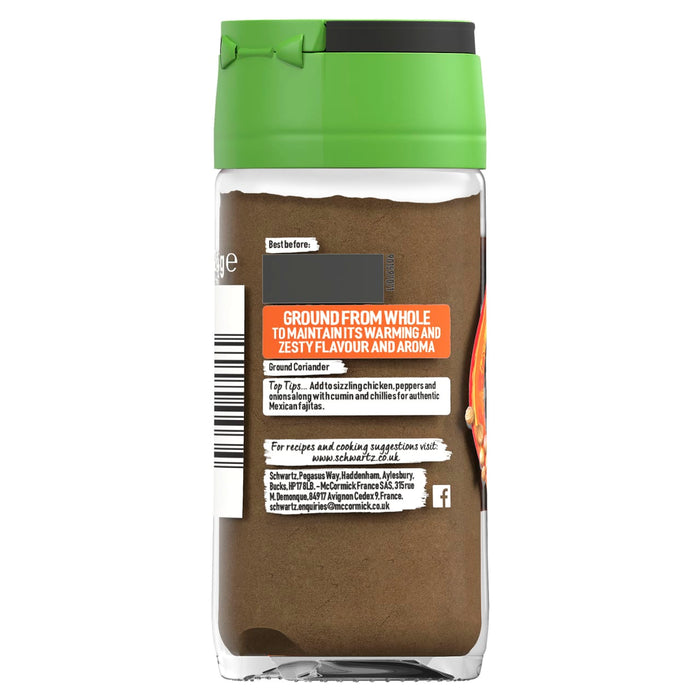 The back label of a jar of Schwartz Ground Coriander 24G provides cooking tips for Mexican fajitas and contact information for McCormick France.
