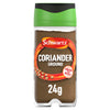 A clear glass jar of Schwartz Ground Coriander, 24G features a green lid and a label showing whole coriander seeds and the fine brown spice powder inside.