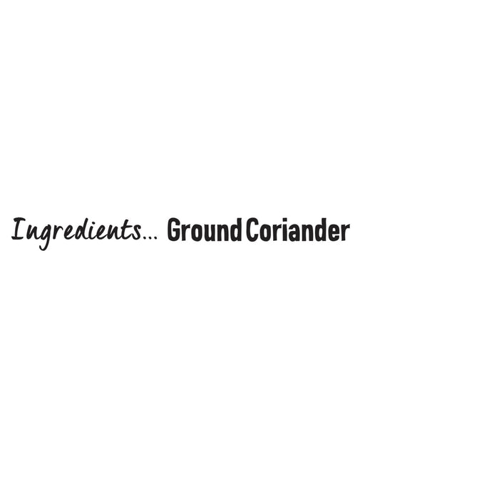 A simple graphic listing the single ingredient for Schwartz Ground Coriander, 24G as ground coriander.