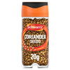 A clear glass jar of Schwartz Coriander Seeds 20G filled with whole dried coriander seeds and topped with a signature orange and black cap.