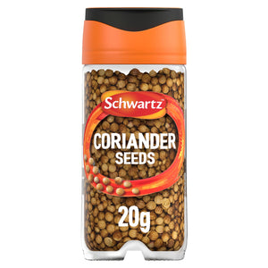 A clear glass jar of Schwartz Coriander Seeds 20G filled with whole dried coriander seeds and topped with a signature orange and black cap.