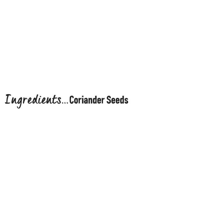 A simple graphic displaying the ingredients list for Schwartz Coriander Seeds 20G on a plain white background.