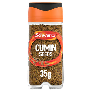 A clear glass jar of Schwartz Cumin Seeds, 35G featuring an orange and black lid and a label with a vibrant red and yellow swirl.
