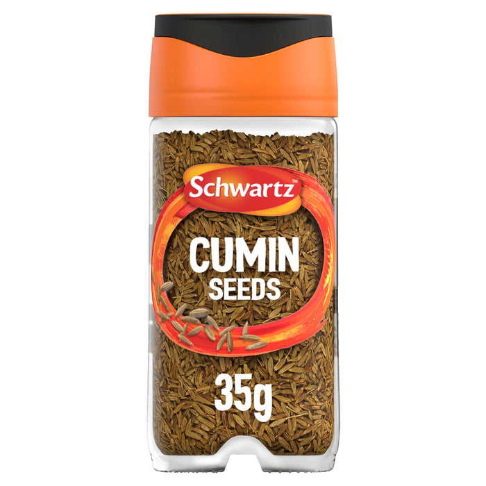 A clear glass jar of Schwartz Cumin Seeds, 35G featuring an orange and black lid and a label with a vibrant red and yellow swirl.