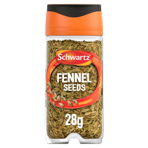 A clear glass jar of Schwartz Fennel Seeds 28G with an orange lid and a label showing the whole dried seeds inside.