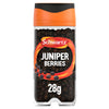 A clear glass jar of Schwartz Juniper Berries 28G Jar filled with dark whole berries and topped with a signature orange and black cap.