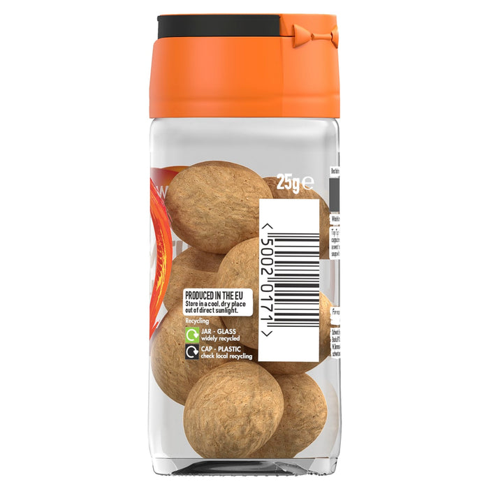 A clear glass Schwartz Whole Nutmeg 25G Jar, Imported From Britain, displays several whole nutmeg seeds and a barcode label with recycling instructions.