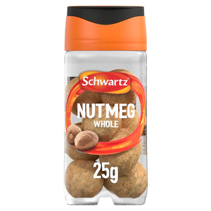 A clear glass jar of Schwartz Whole Nutmeg 25G Jar Imported From Britain featuring whole brown nutmeg seeds visible through the label