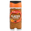 A clear glass jar of Schwartz Pilau Rice Seasoning 65G featuring an orange lid and a label with illustrations of cinnamon, cardamom, and turmeric.
