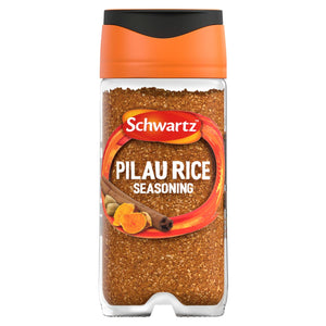 A clear glass jar of Schwartz Pilau Rice Seasoning 65G featuring an orange lid and a label with illustrations of cinnamon, cardamom, and turmeric.