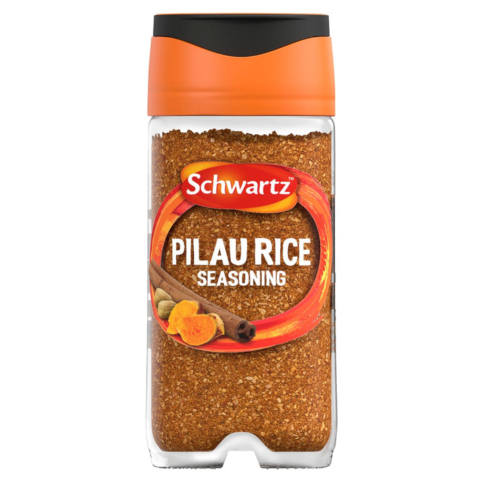 A clear glass jar of Schwartz Pilau Rice Seasoning 65G featuring an orange lid and a label with illustrations of cinnamon, cardamom, and turmeric.